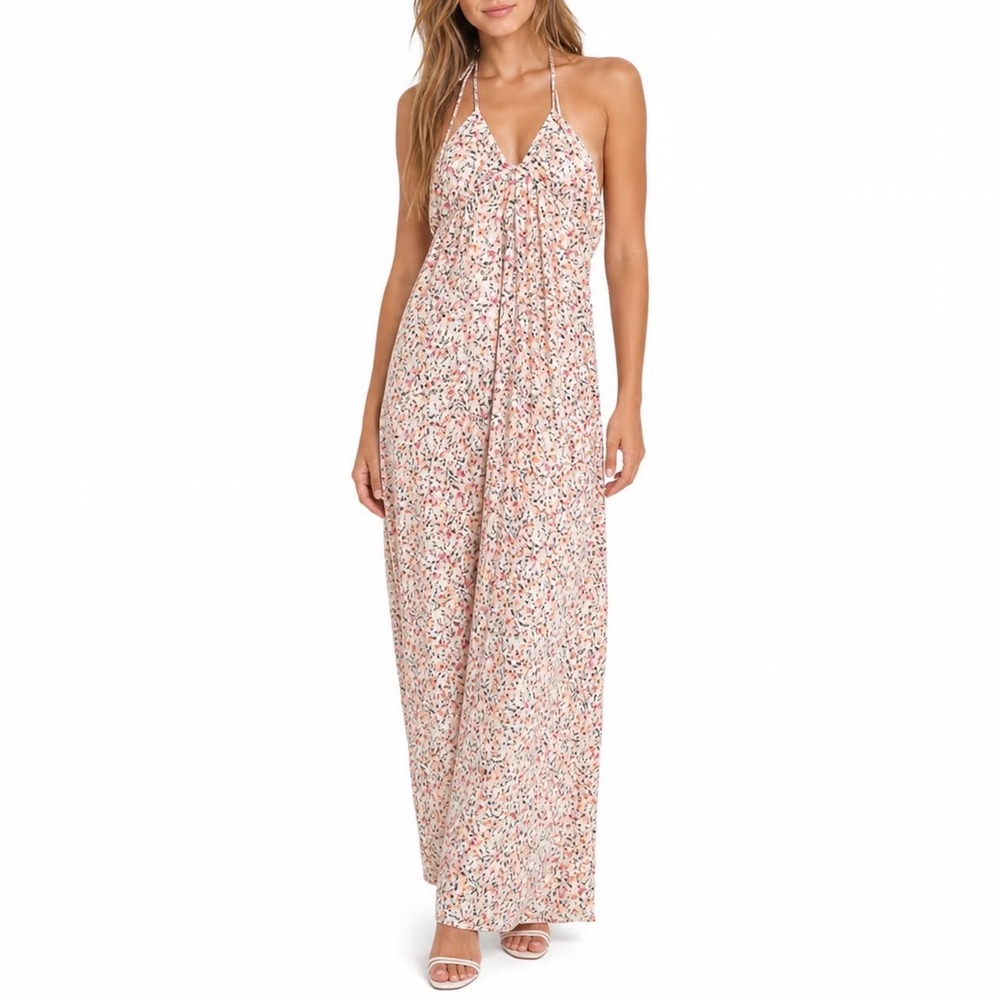 Mistyrose Floral Halter Midi Dress Pink Orange Ribbed Cowl Back M